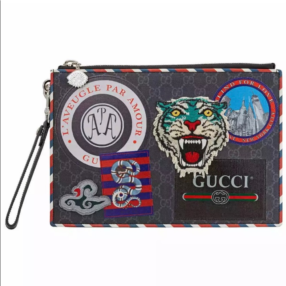 Gucci #496346 GG Supreme Tiger Patch Clutch/Pouch Wristlet